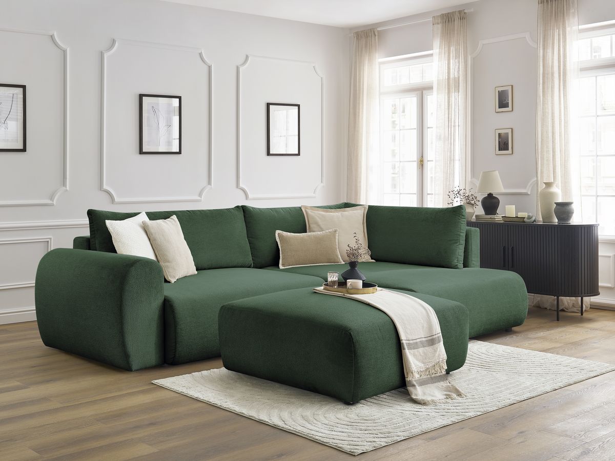 Bobochic Lucien Ecksofa mit Schlaffunktion und Bettkasten und Pouf 296 × 198 cm Stoff Grün Ecke rechts