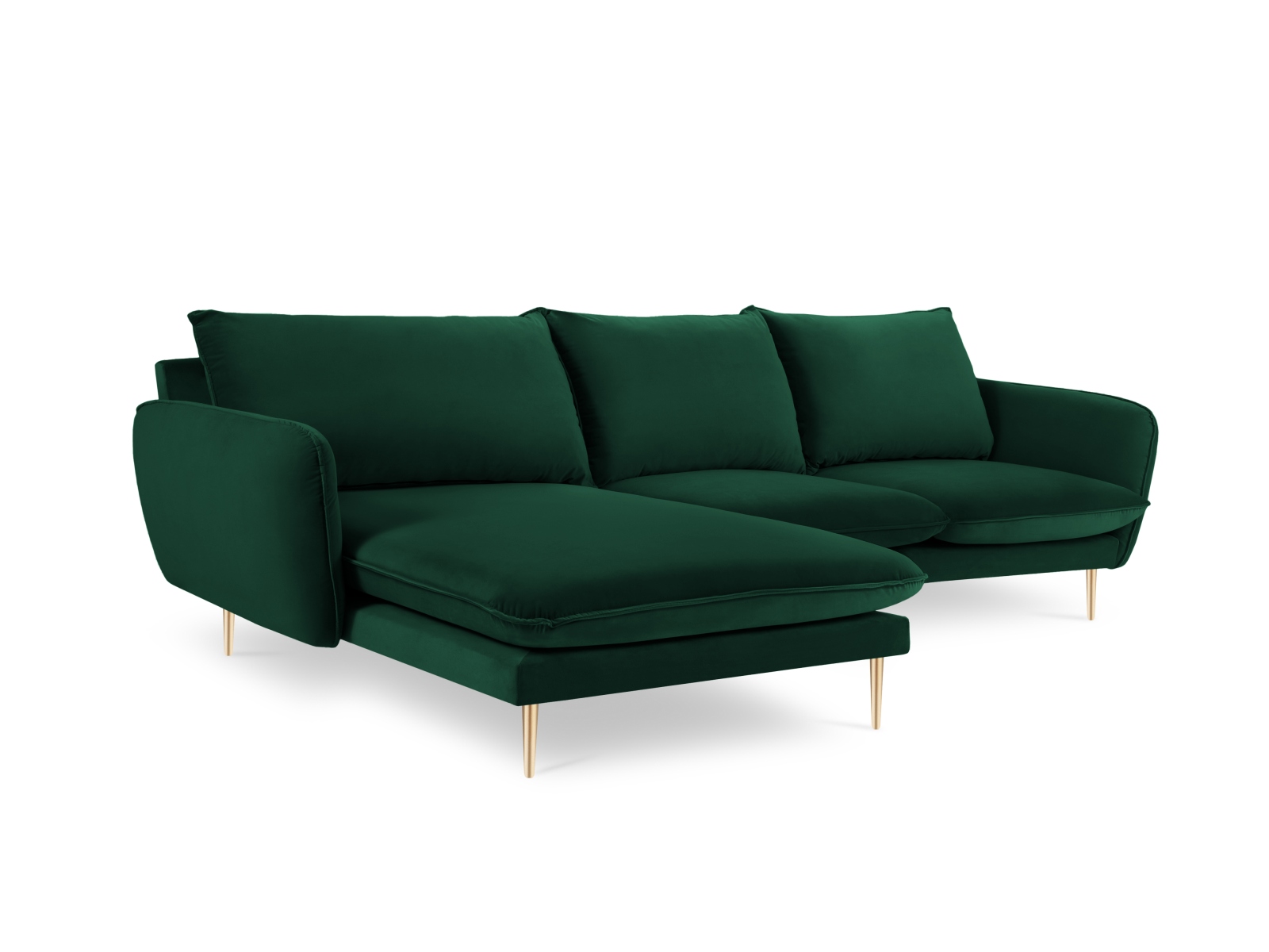 Cosmopolitan Design Ecksofa Vienna 5-Sitzer Samt Bluvel Flaschengrün Links Beine Gold