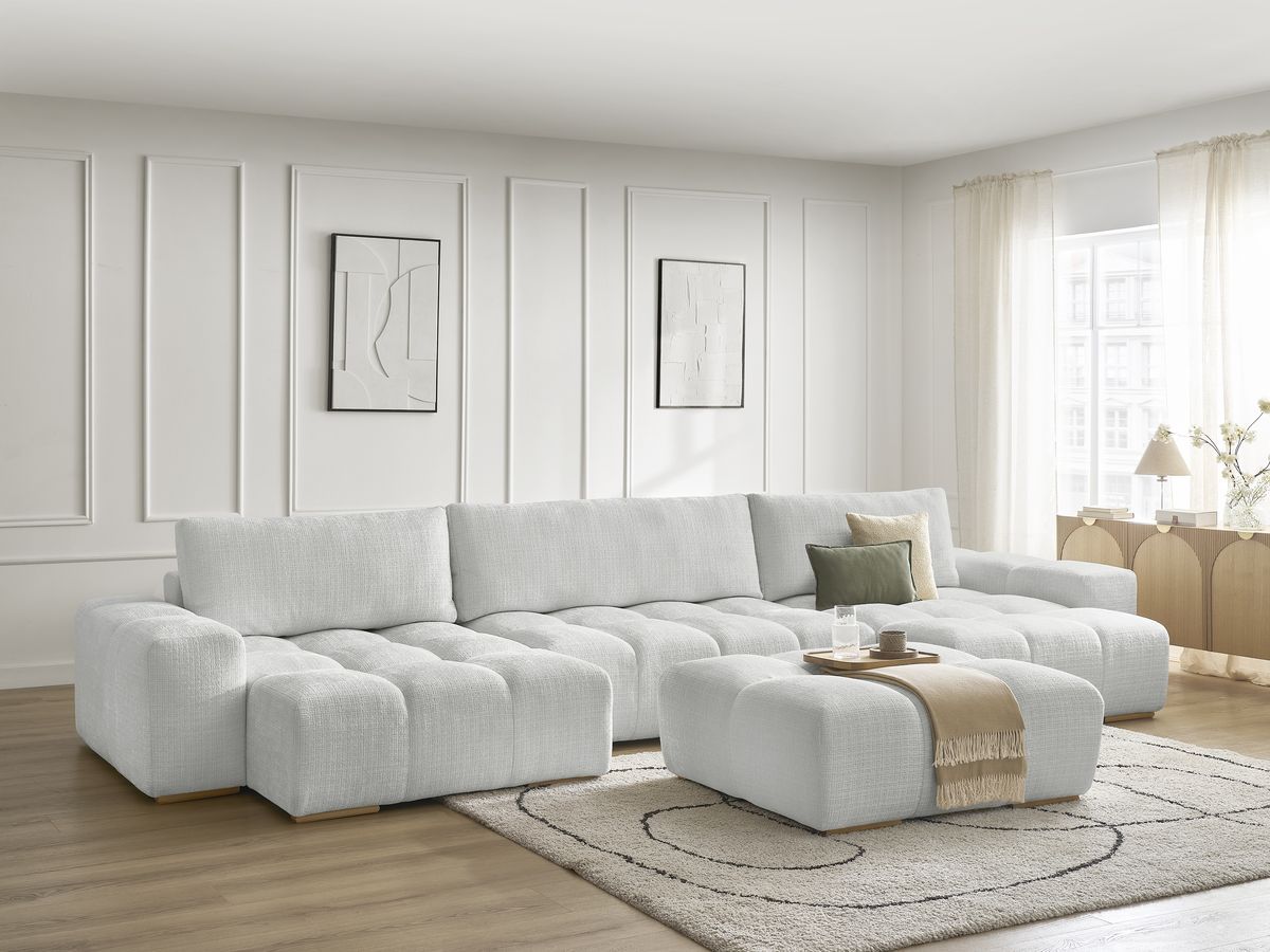 Bobochic Anakin Wohnlandschaft mit Pouf, 3 Kissen Strukturstoff Hellgrau