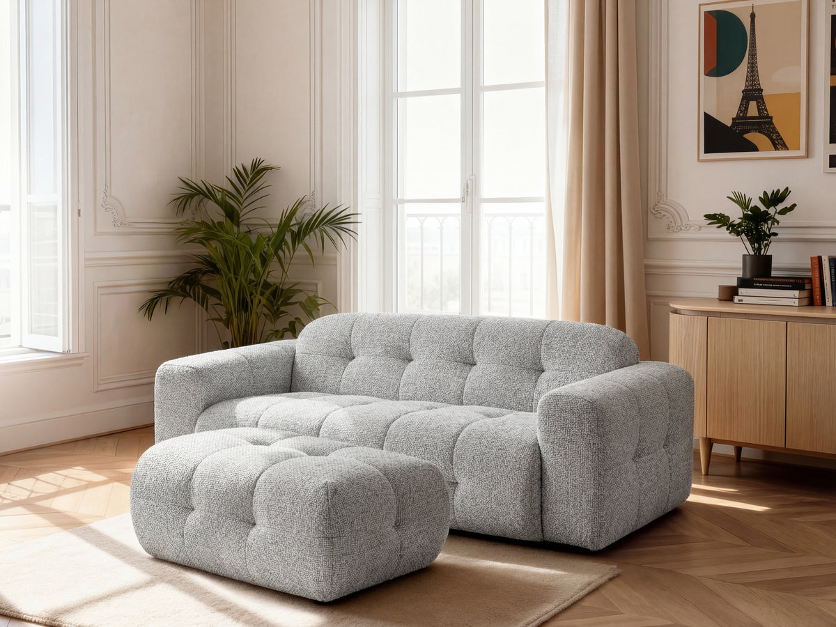 Bobochic Laura Sofa 3-Sitzer mit kleinem Pouf Melange-Stoff Hellgrau