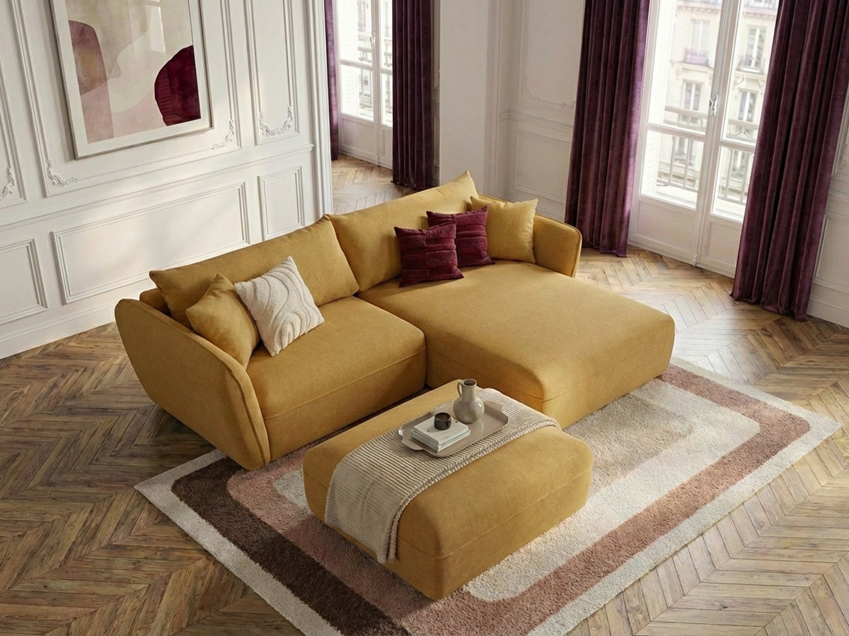 Bobochic Luigi Ecksofa mit Pouf Strukturstoff Gelb Ecke rechts