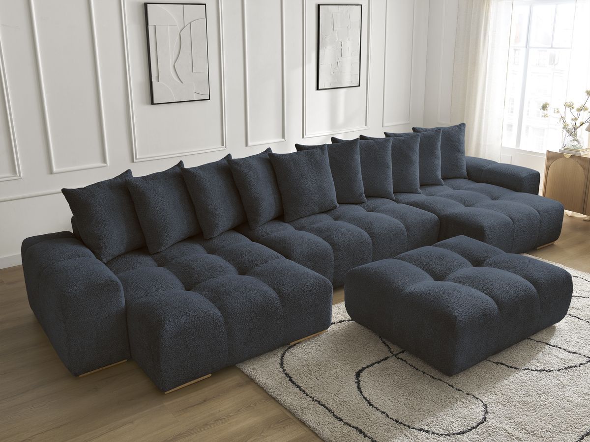 Bobochic Anakin Wohnlandschaft mit Pouf, 10 Kissen Bouclé-Stoff Dunkelblau