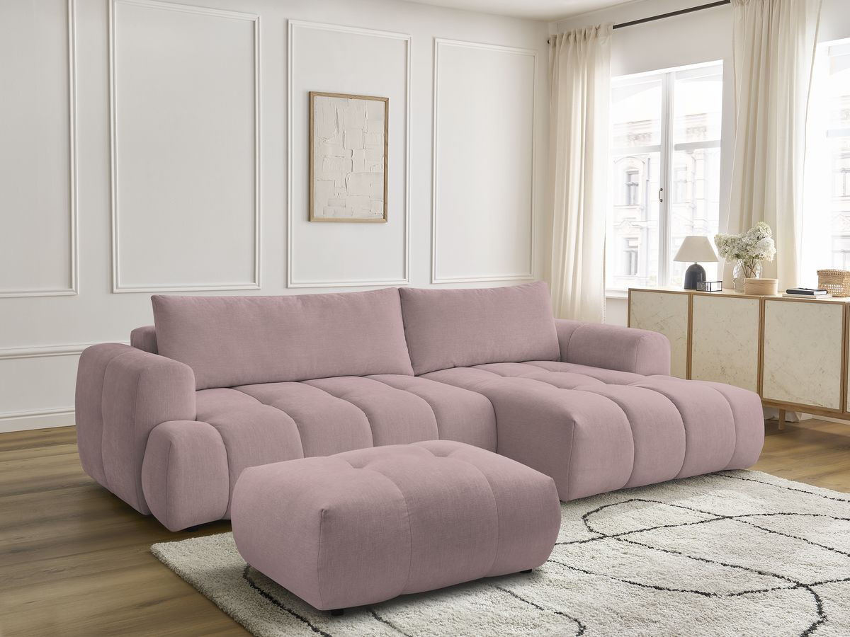 Bobochic Fuji Ecksofa mit Schlaffunktion und Bettkasten und Pouf 292 × 160 cm Stoff Rosa Ecke rechts
