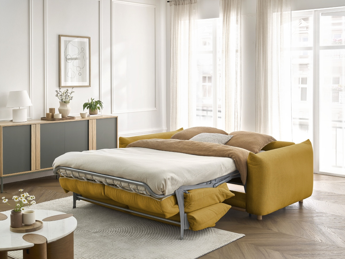 Bobochic Ernest Schlafsofa 3-Sitzer, Liegefläche 190 × 140 / 160 cm Stoff Gelb, Liegefläche 160 × 190 cm