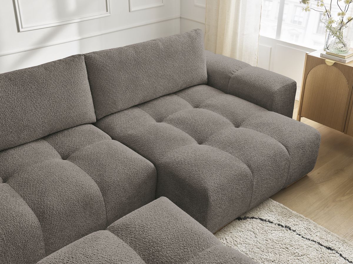 Bobochic Anakin Wohnlandschaft mit Pouf, Liegefläche 137 × 382 cm, 3 Kissen Bouclé-Stoff Braun