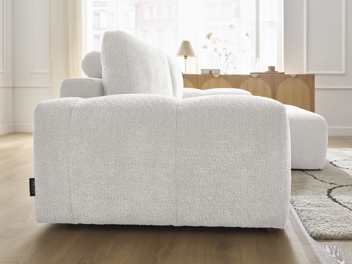 Bobochic Anakin Ecksofa mit Schlaffunktion und Bettkasten, 2 Kissen Bouclé-Stoff Weiß