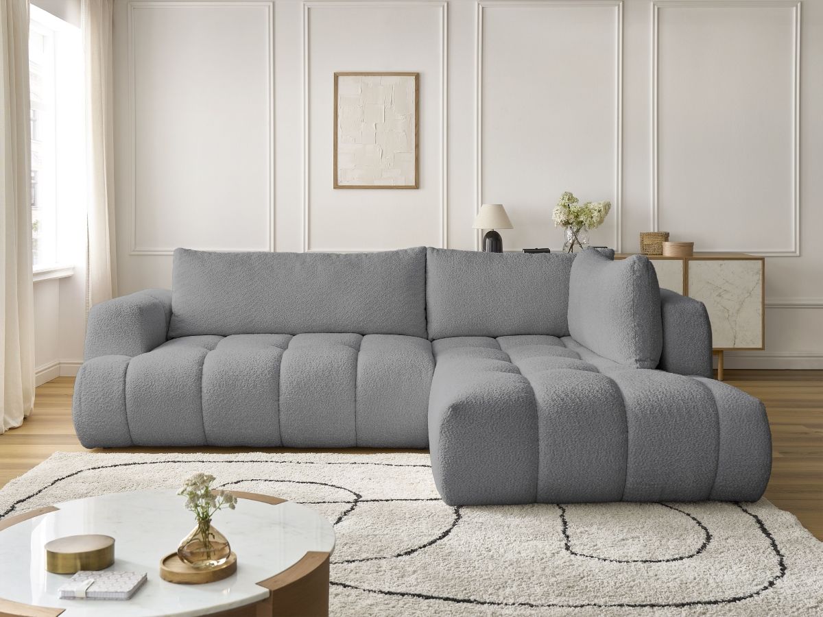 Bobochic Fuji Ecksofa mit Schlaffunktion und Bettkasten 282 × 204 cm Bouclé-Stoff Dunkelgrau Ecke rechts