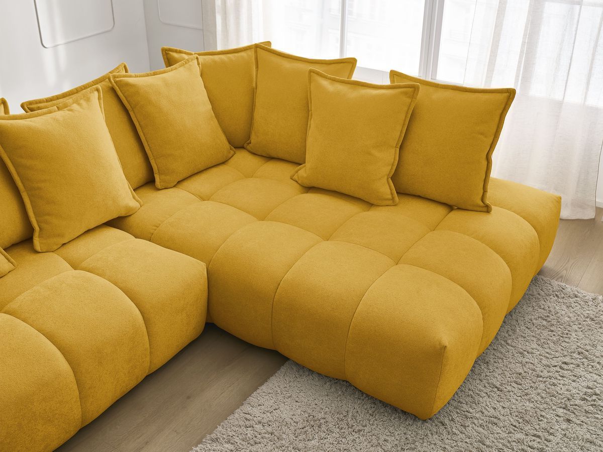 Bobochic Everest Ecksofa mit Schlaffunktion und Bettkasten 320 × 212 cm, 10 Kissen Strukturstoff Gelb Ecke rechts