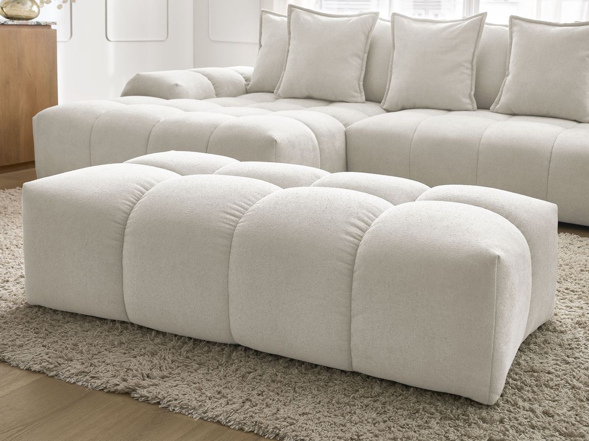 Bobochic Everest Ecksofa mit Schlaffunktion und Bettkasten und Pouf 318 × 180 cm, 7 Kissen Strukturstoff Weiß Ecke links