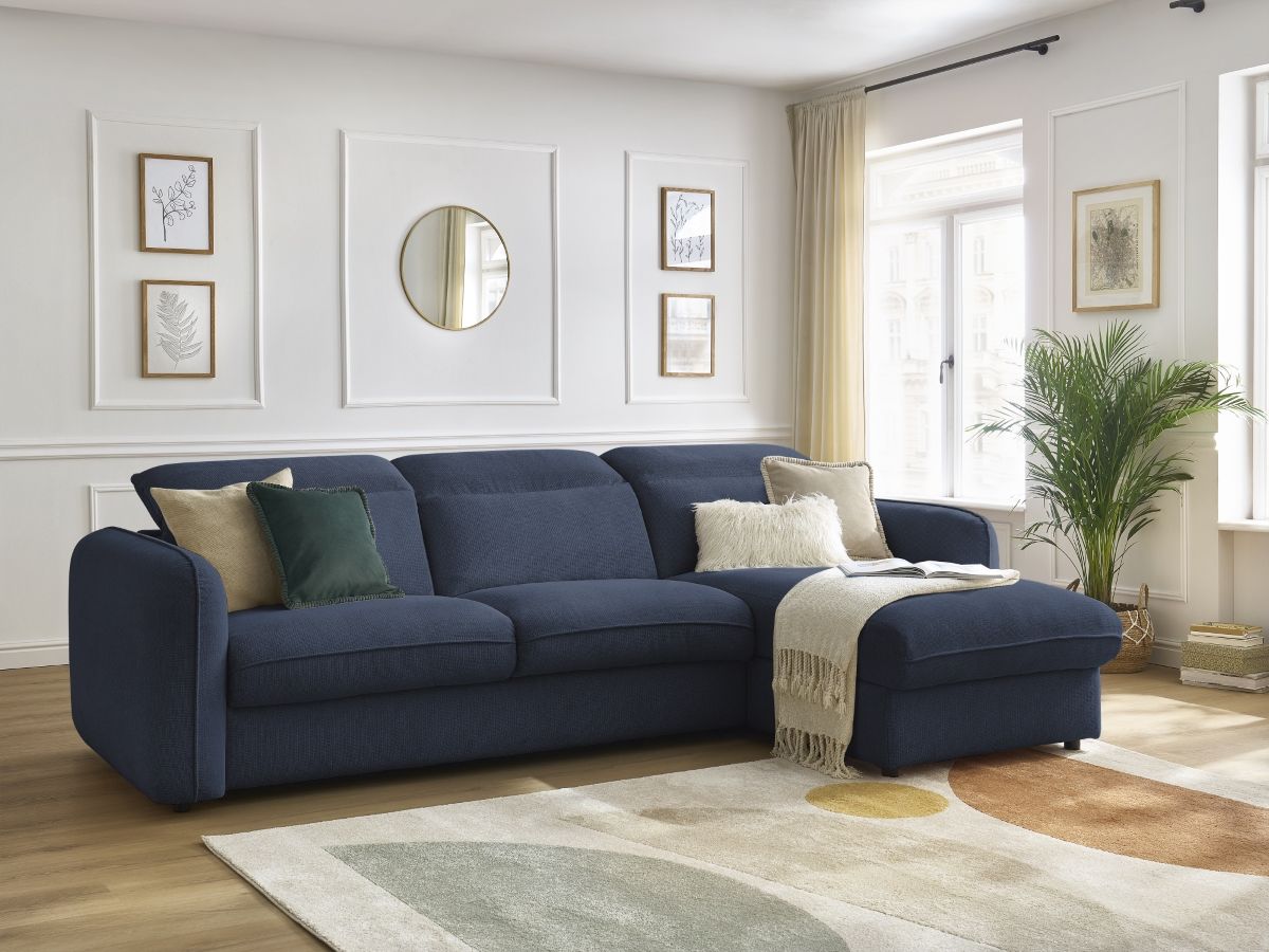 Bobochic Achille Ecksofa mit Schlaffunktion und Bettkasten Melange-Stoff Dunkelblau, Liegefläche 140 × 200 cm