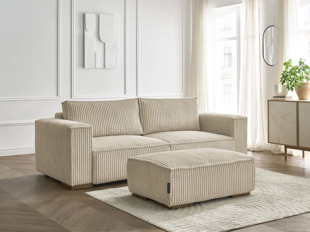Bobochic Chelsea Schlafsofa 4-Sitzer mit Bettkasten und Pouf Breitcord weich Taupe