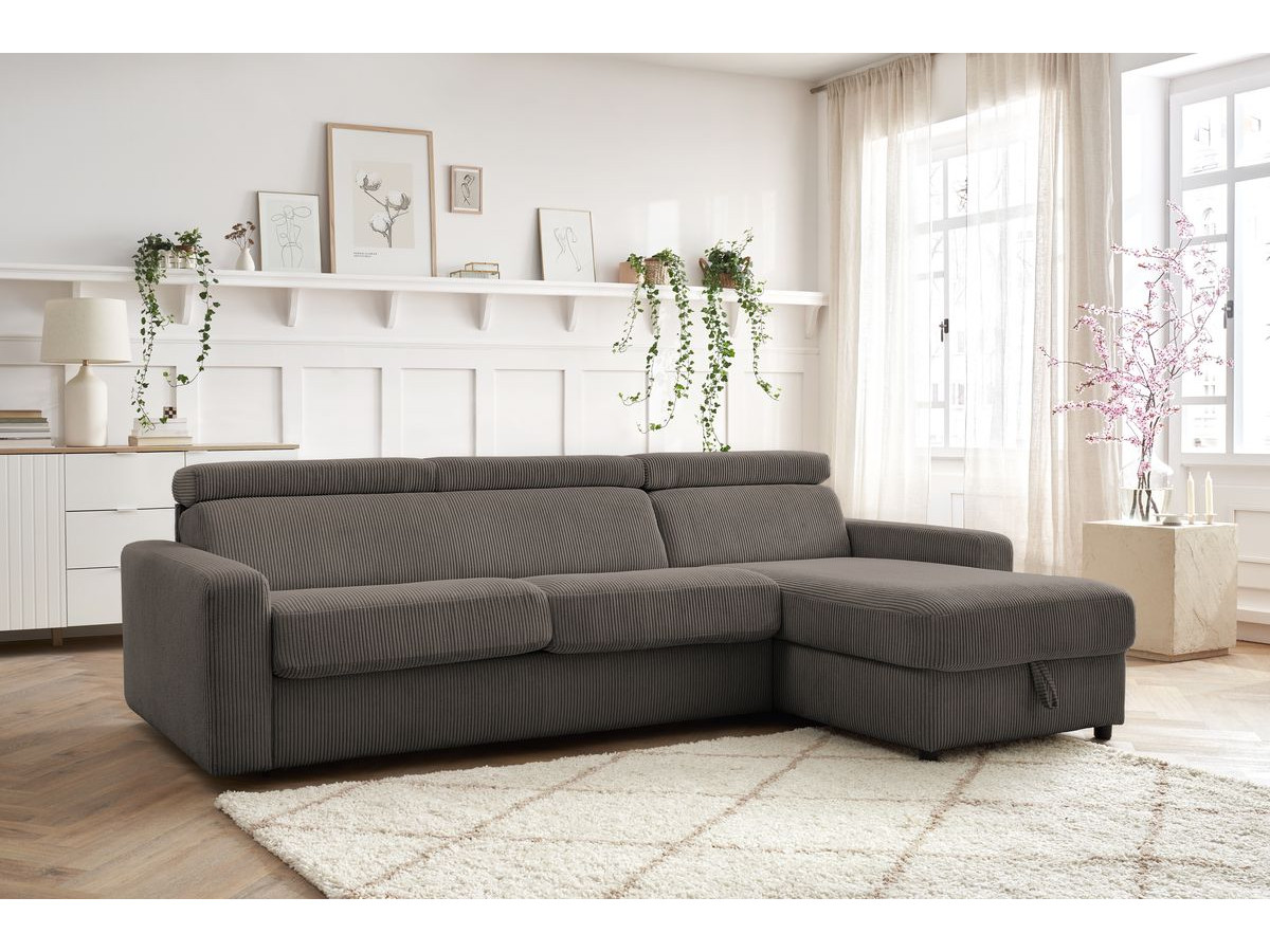 Bobochic Monaco Ecksofa mit Schlaffunktion und Bettkasten Cordsamt Taupe, Liegefläche 140 × 190 cm