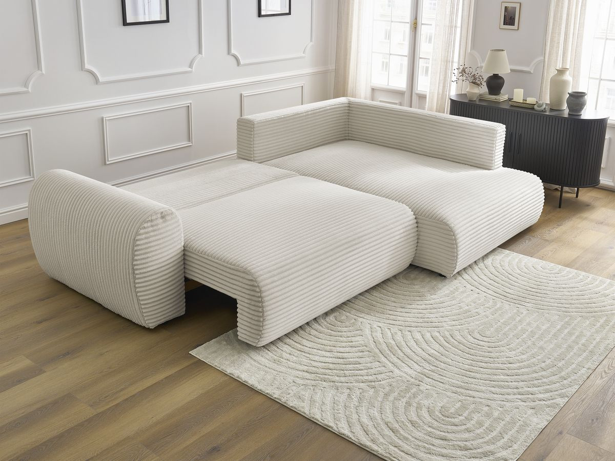 Bobochic Lucien Ecksofa mit Schlaffunktion und Bettkasten 296 × 198 cm Breitcord weich Beige Ecke rechts
