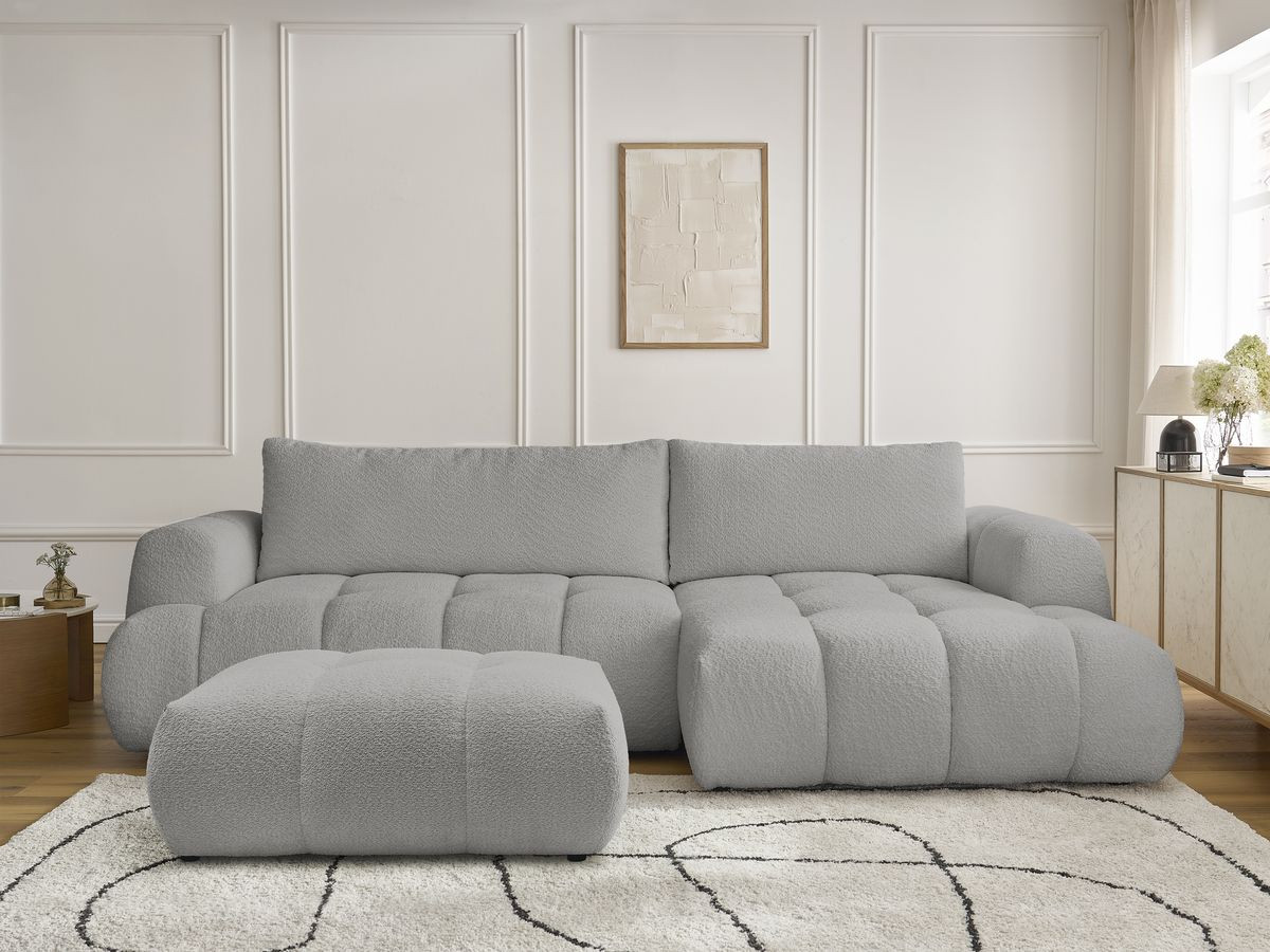Bobochic Fuji Ecksofa mit Schlaffunktion und Bettkasten und Pouf 292 × 160 cm Bouclé-Stoff Hellgrau Ecke rechts