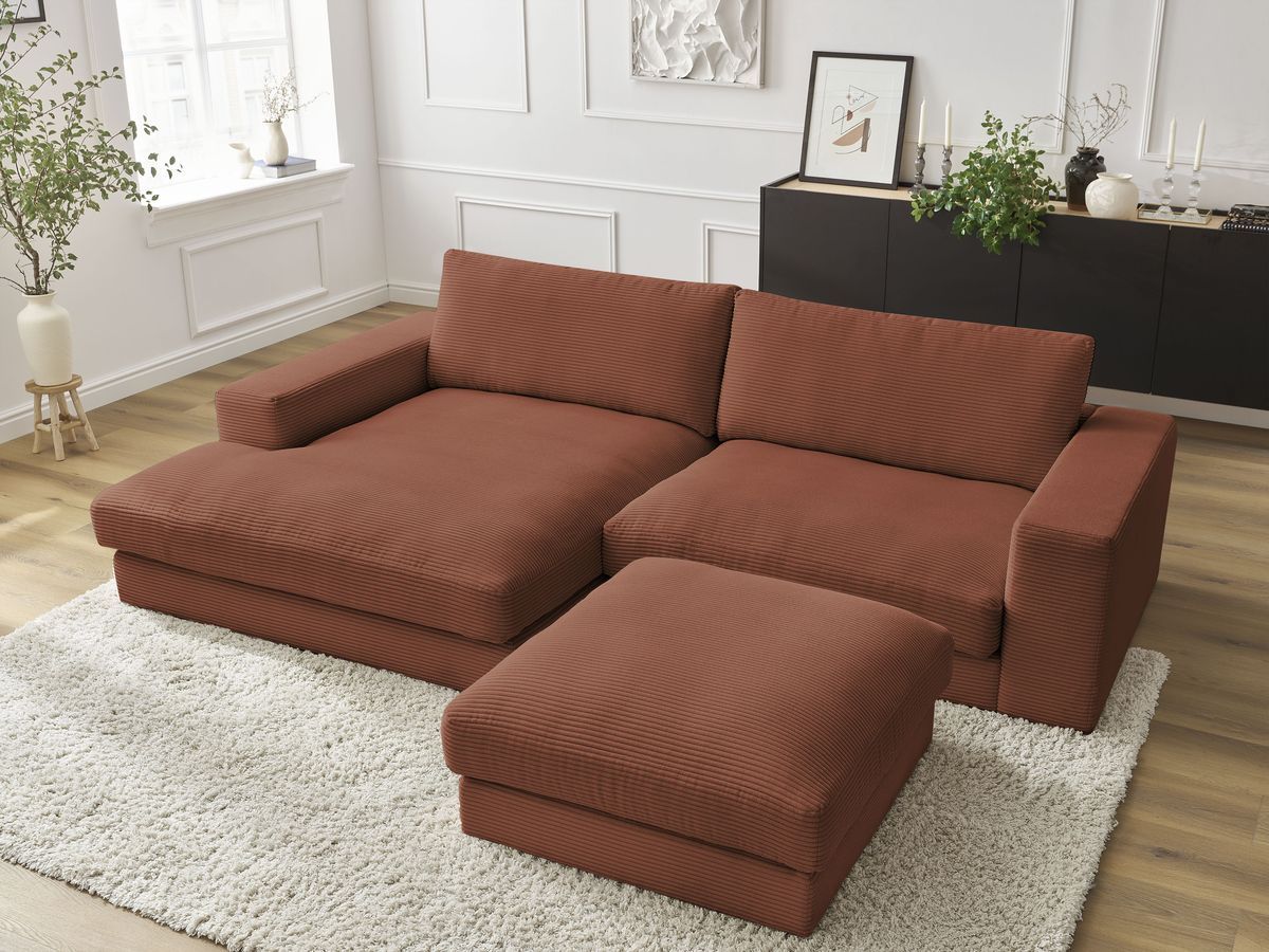 Bobochic Leonard Ecksofa mit Pouf 234 × 159 cm Cordsamt Orange Ecke links