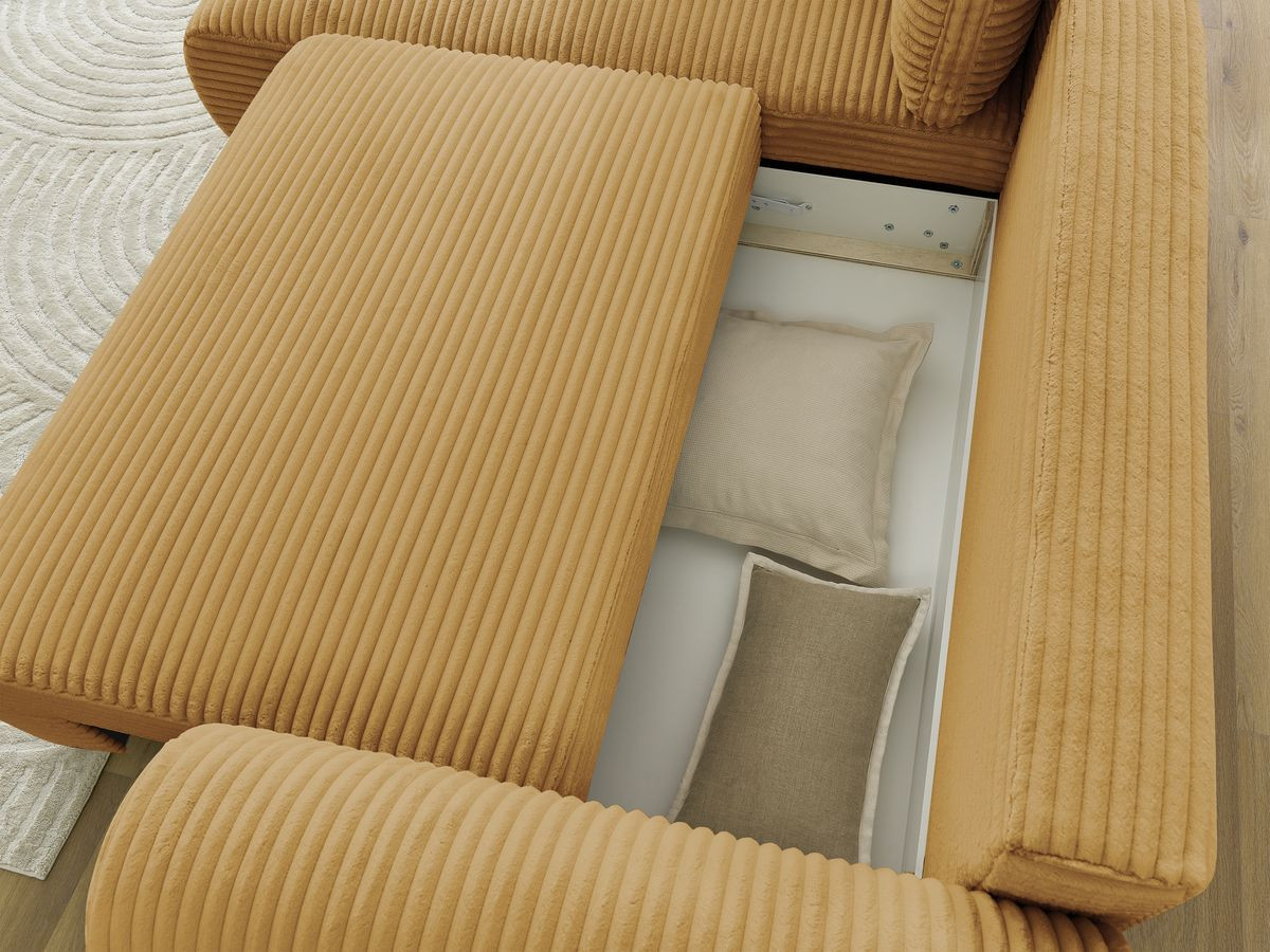 Bobochic Lucien Ecksofa mit Schlaffunktion und Bettkasten 296 × 198 cm Breitcord weich Gelb Ecke links