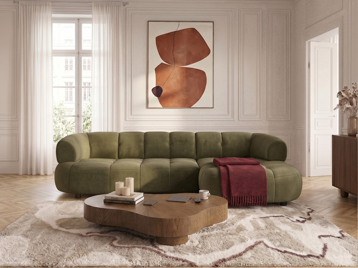 Bobochic Lovely Ecksofa mit Schlaffunktion Stoff Grün Ecke rechts