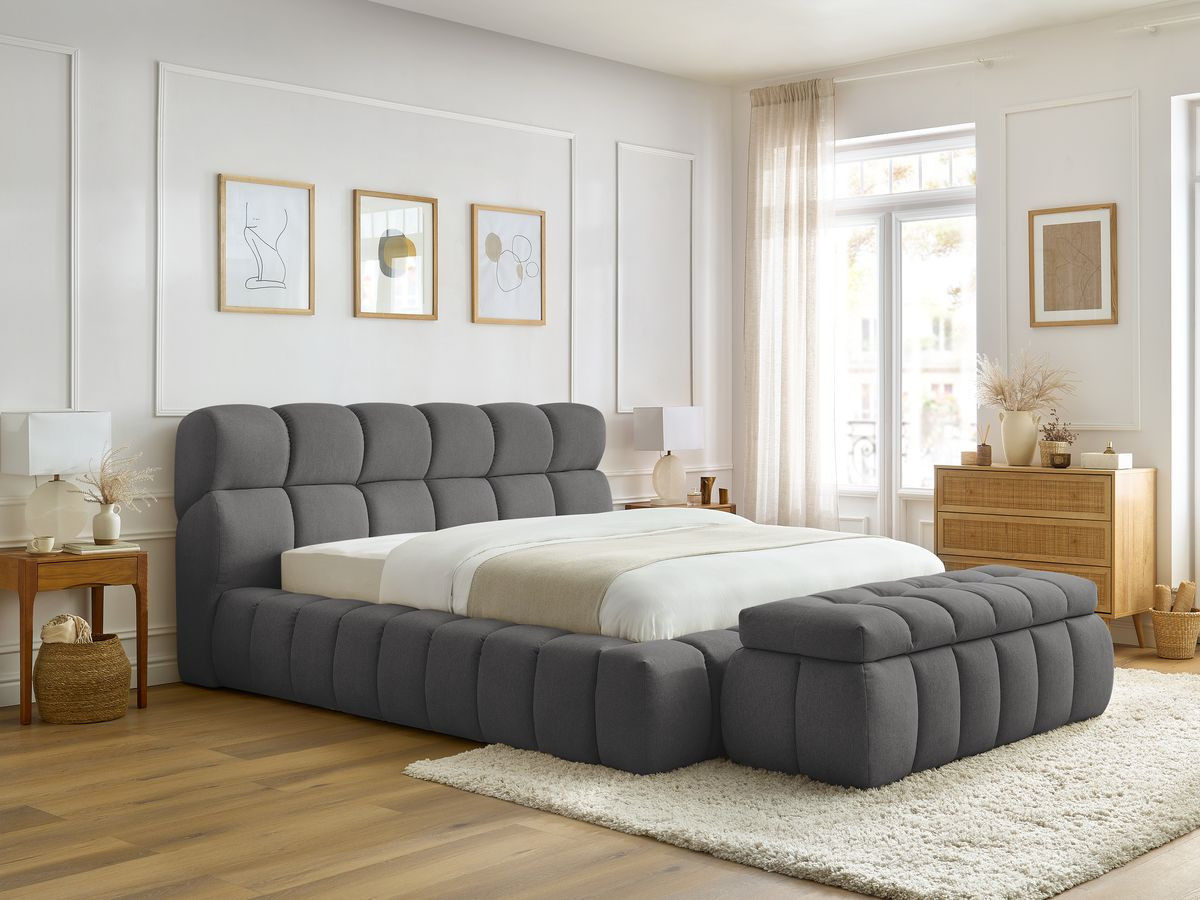 Bobochic Mont-blanc Polsterbett mit Bettkasten mit Bettbank Stoff Dunkelgrau, Liegefläche 160 × 200 cm