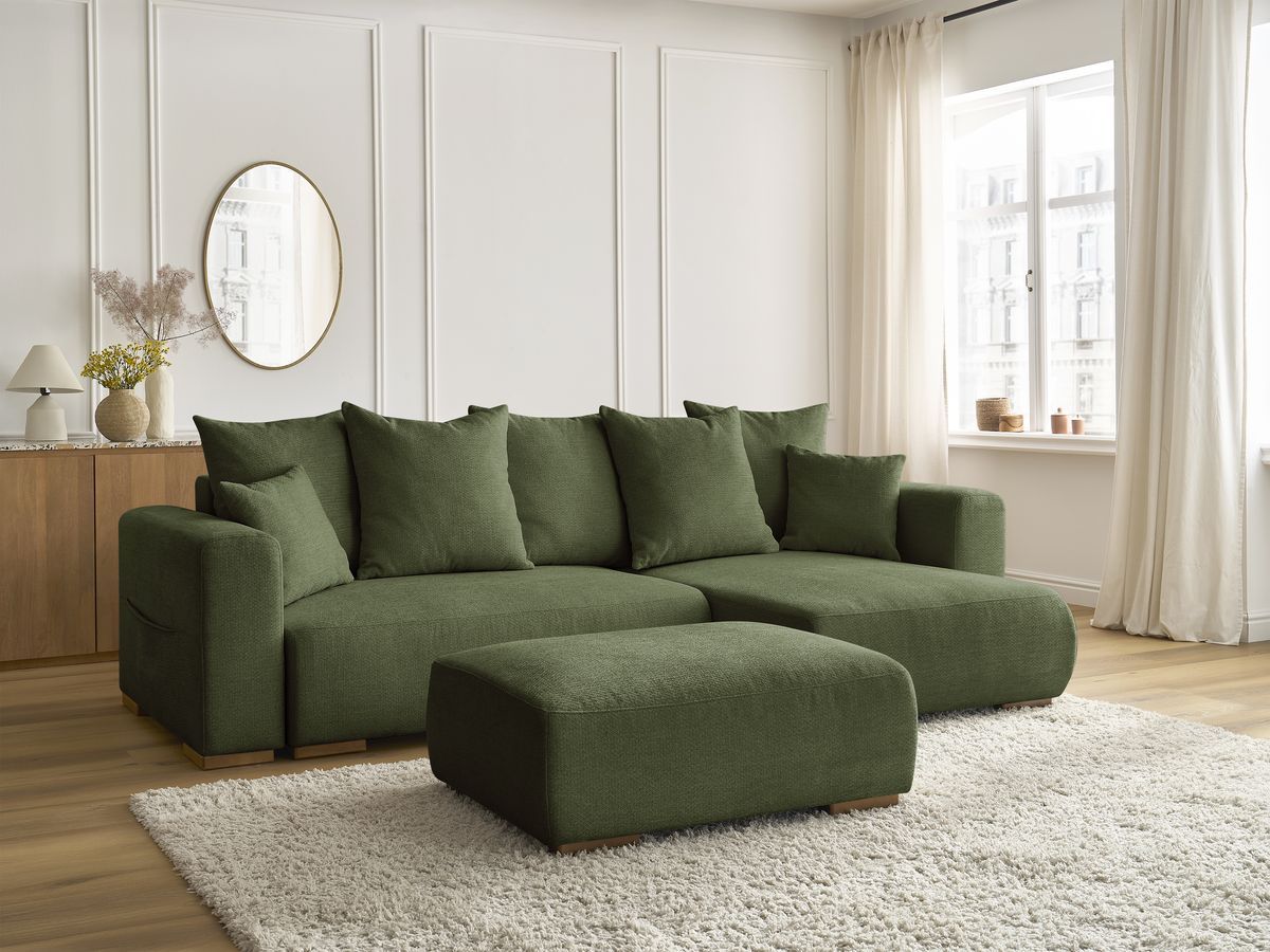 Bobochic Sidonie Ecksofa mit Schlaffunktion und Bettkasten und Pouf Melange-Stoff Grün