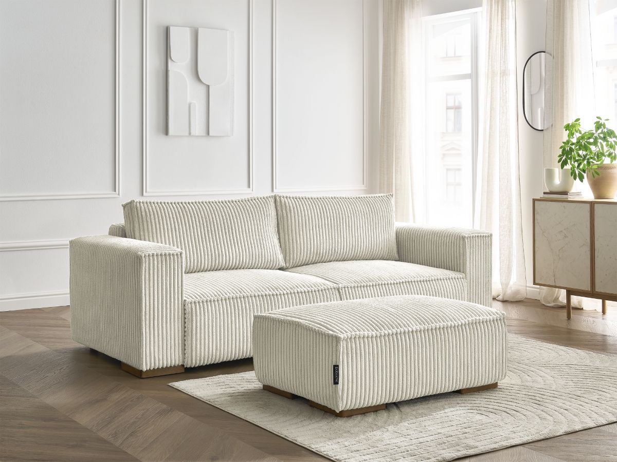 Bobochic Chelsea Schlafsofa 4-Sitzer mit Bettkasten und Pouf Breitcord weich Beige