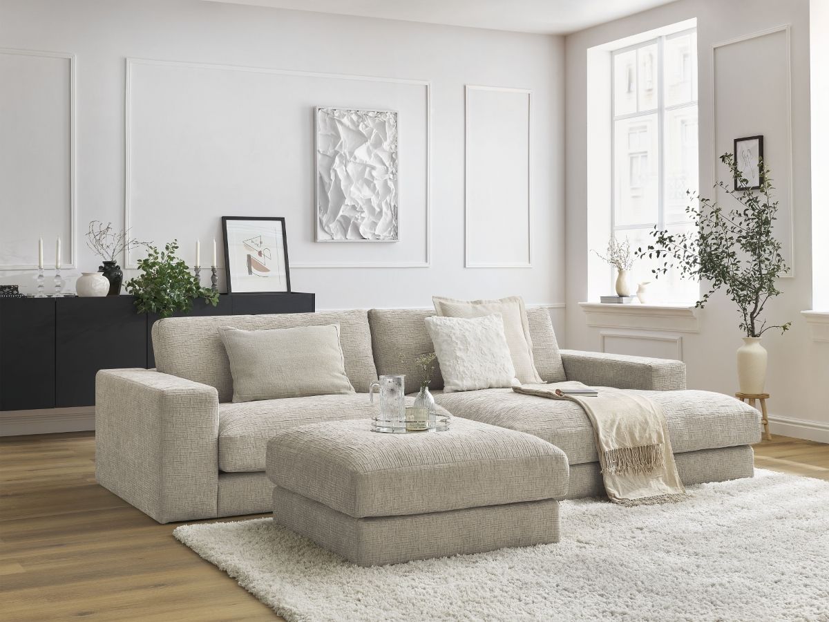 Bobochic Leonard Ecksofa mit Pouf 274 × 159 cm Strukturstoff Beige Ecke rechts