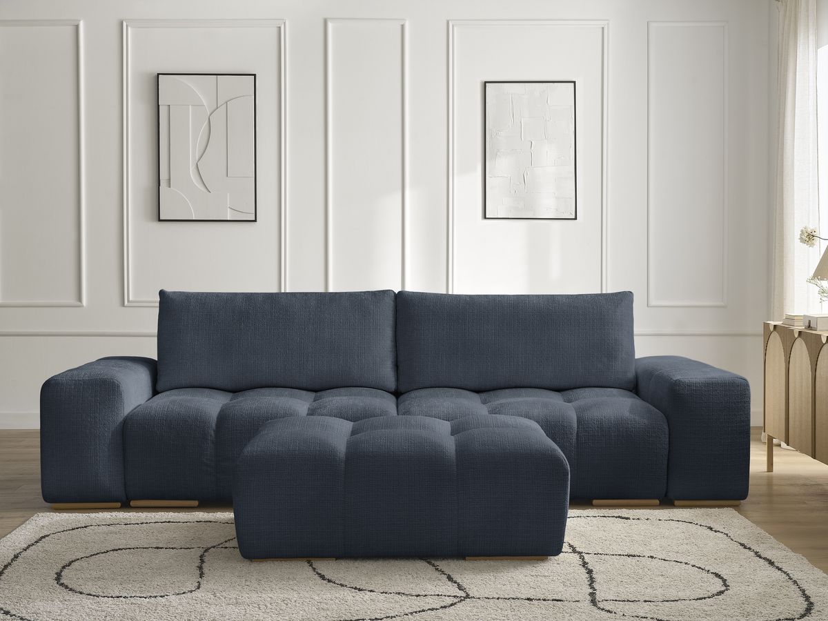 Bobochic Anakin Schlafsofa 3-Sitzer mit Bettkasten und Pouf, 2 Kissen Strukturstoff Dunkelblau