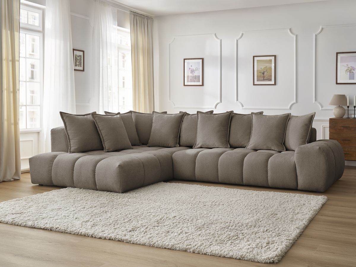Bobochic Everest Ecksofa, 10 Kissen Strukturstoff Taupe Ecke links