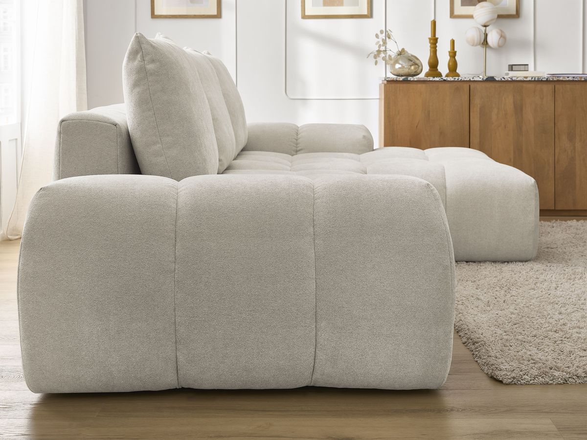 Bobochic Everest Ecksofa mit Schlaffunktion und Bettkasten 318 × 180 cm, 3 Kissen Strukturstoff Beige Ecke rechts