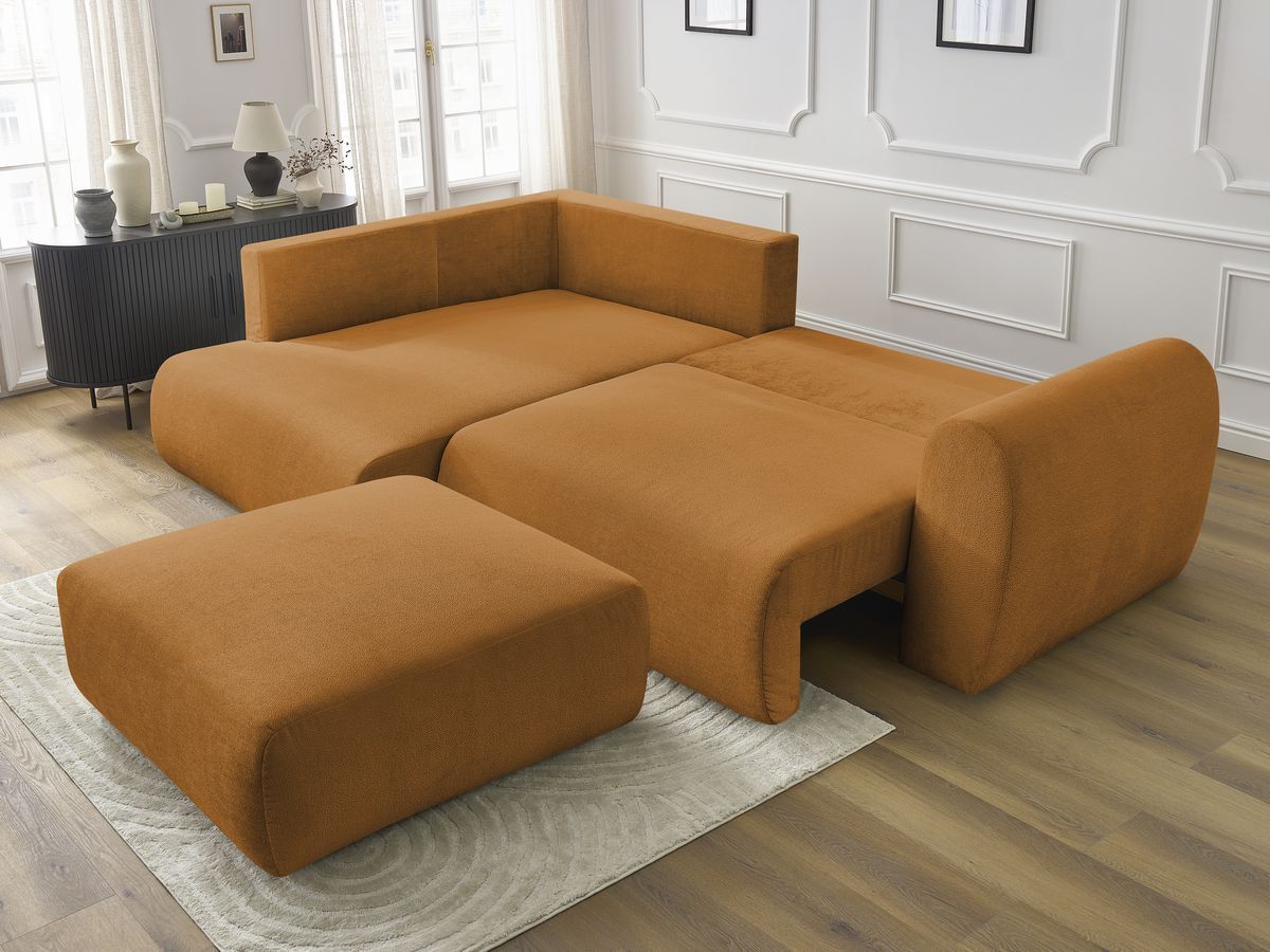 Bobochic Lucien Ecksofa mit Schlaffunktion und Bettkasten und Pouf 296 × 198 cm Stoff Gelb Ecke links