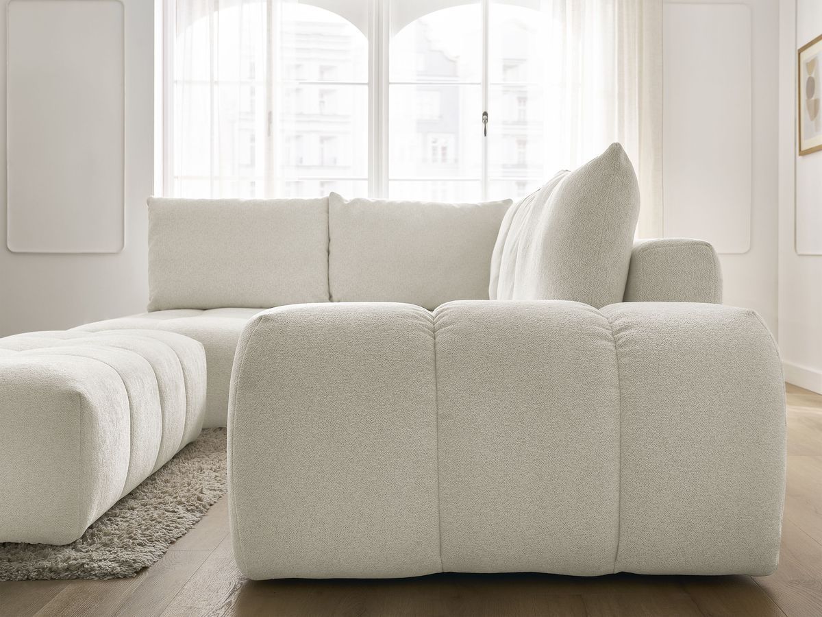 Bobochic Everest Ecksofa mit Schlaffunktion und Bettkasten und Pouf 320 × 212 cm, 5 Kissen Melange-Stoff Weiß Ecke links
