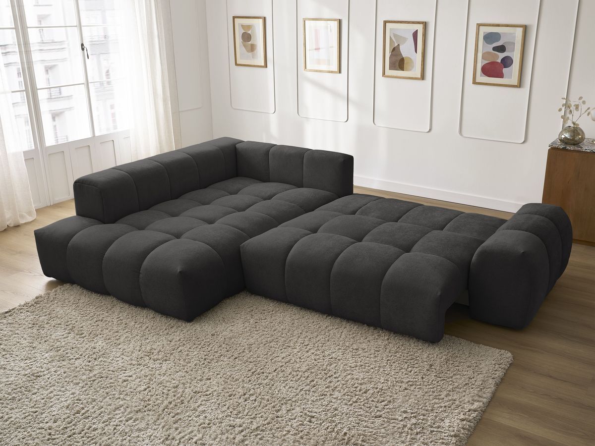 Bobochic Everest Ecksofa mit Schlaffunktion und Bettkasten 320 × 212 cm, 10 Kissen Strukturstoff Schwarz Ecke links