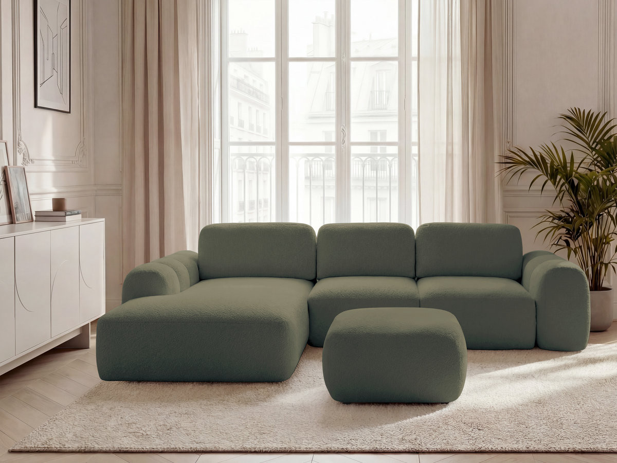 Bobochic Montaigne Ecksofa mit Schlaffunktion und Bettkasten und Pouf 288 × 196 cm Bouclé-Stoff Grün Ecke links