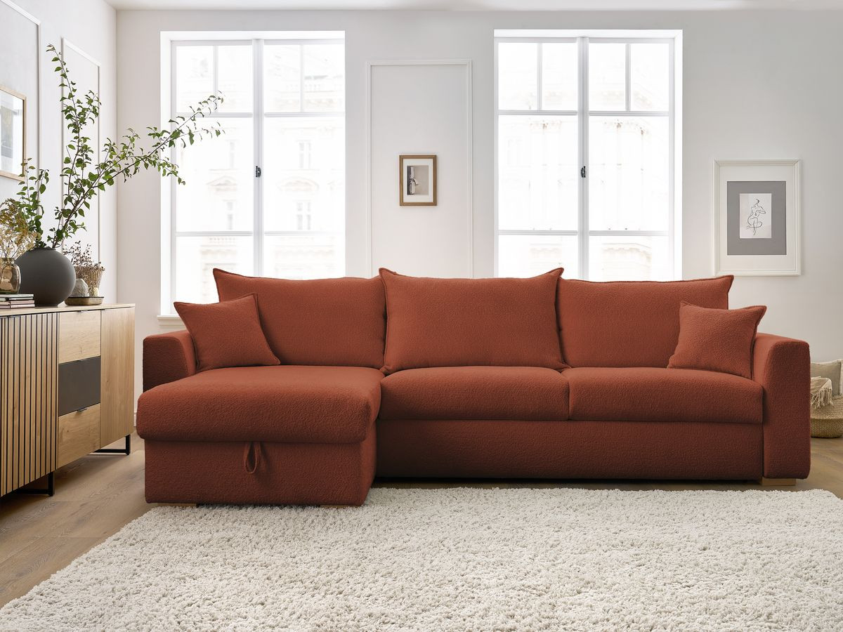 Bobochic Augustin Ecksofa mit Schlaffunktion und Bettkasten Bouclé-Stoff Orange, Liegefläche 140 × 200 cm