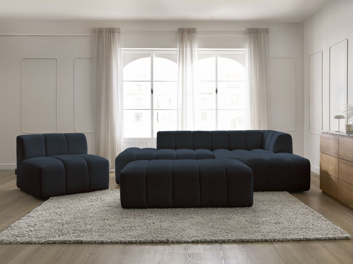 Bobochic Annecy Ecksofa mit Sofamodul und Pouf Bouclé-Stoff Dunkelblau Ecke rechts