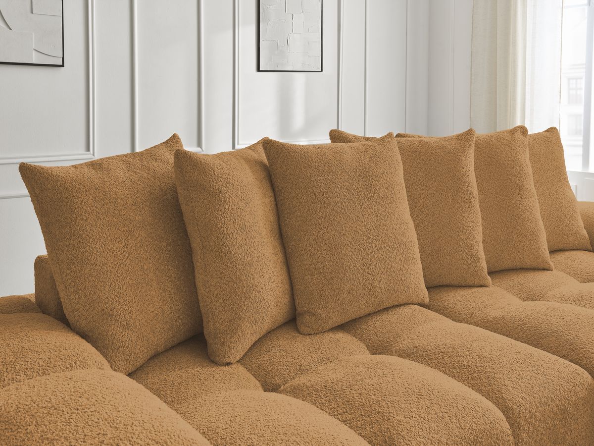 Bobochic Anakin Schlafsofa 3-Sitzer mit Bettkasten, 6 Kissen Bouclé-Stoff Gelb