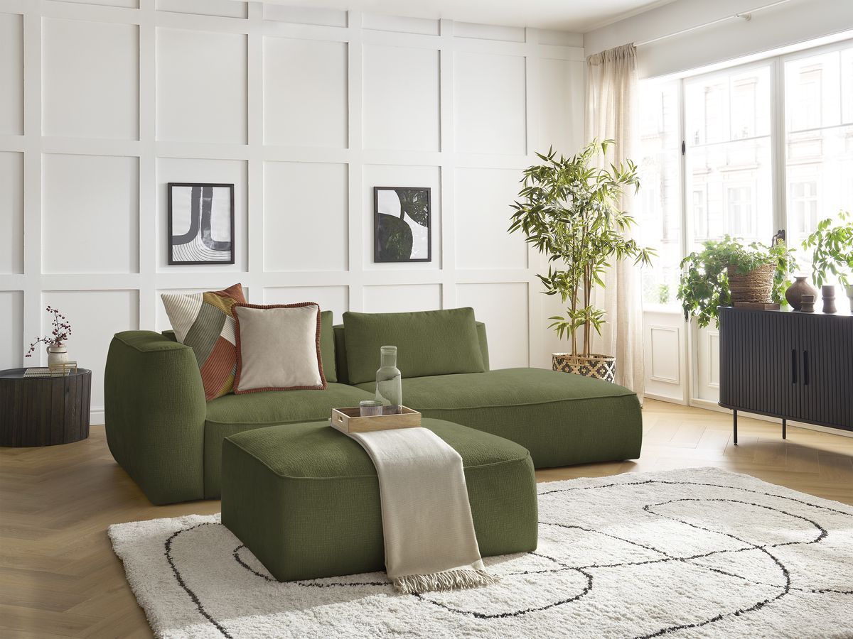 Bobochic Leopold Sofa 4-Sitzer mit Pouf Strukturstoff Dunkelgrün Armlehne links