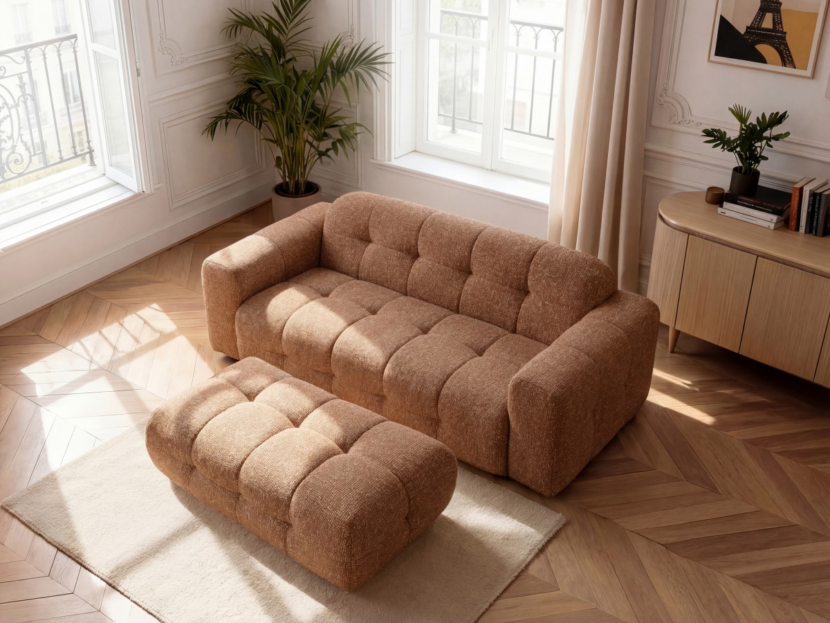 Bobochic Laura Sofa 3-Sitzer mit großem Pouf Melange-Stoff Orange