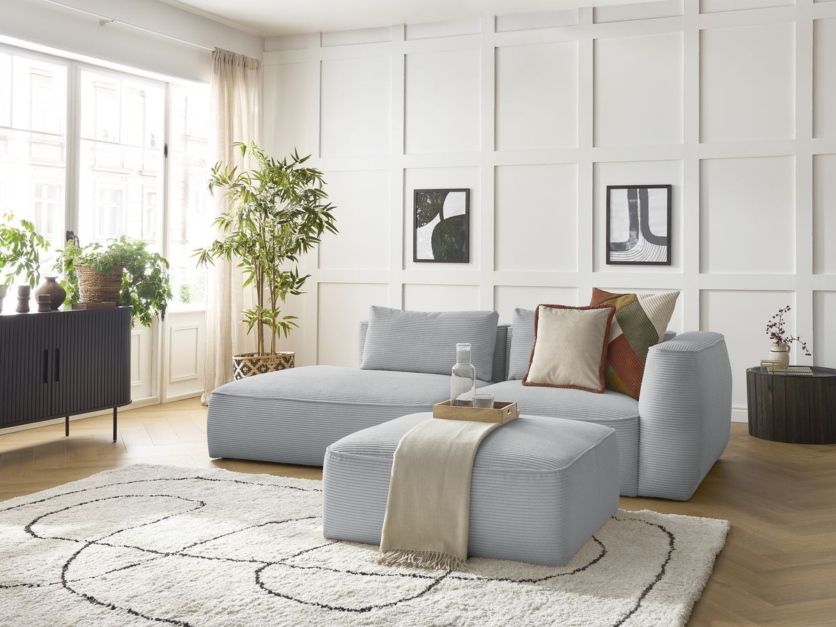 Bobochic Leopold Sofa 4-Sitzer mit Pouf Cordsamt Hellgrau Armlehne rechts