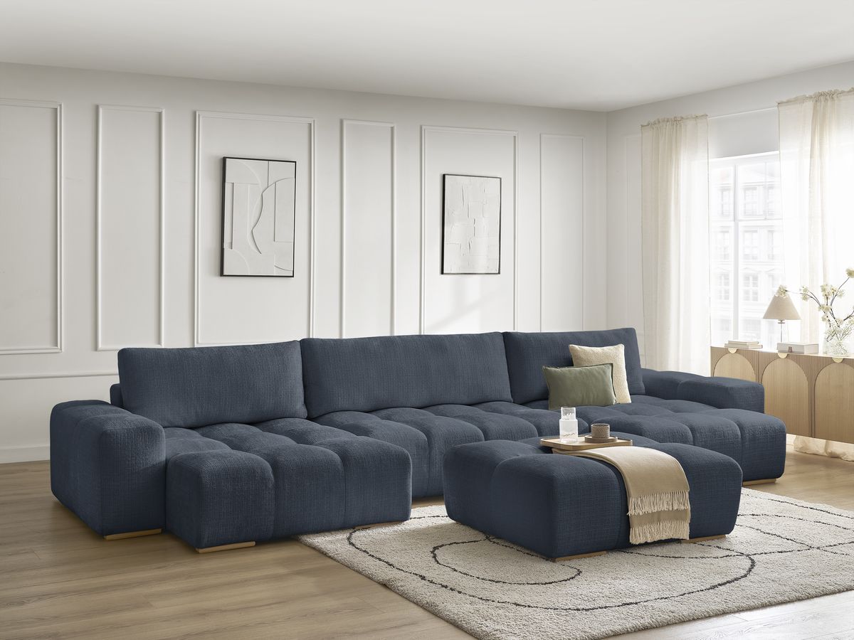 Bobochic Anakin Wohnlandschaft mit Pouf, Liegefläche 137 × 382 cm, 3 Kissen Strukturstoff Dunkelblau