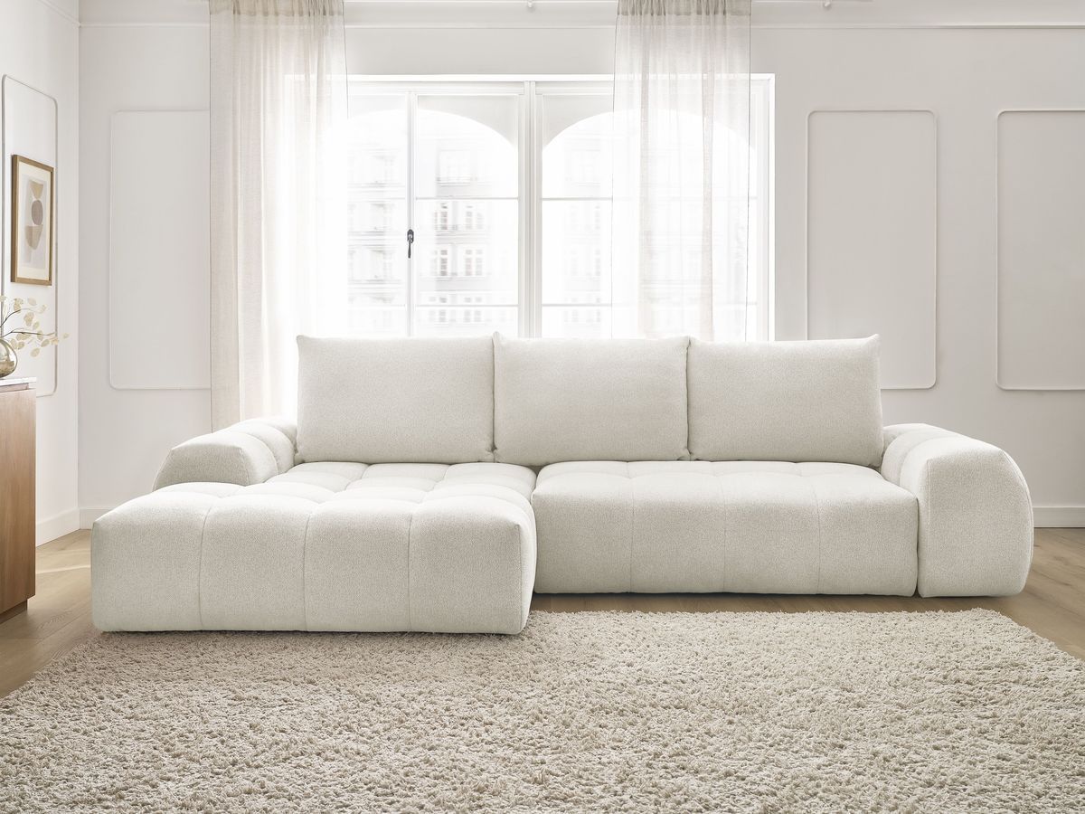Bobochic Everest Ecksofa mit Schlaffunktion und Bettkasten 318 × 180 cm, 3 Kissen Melange-Stoff Weiß Ecke links
