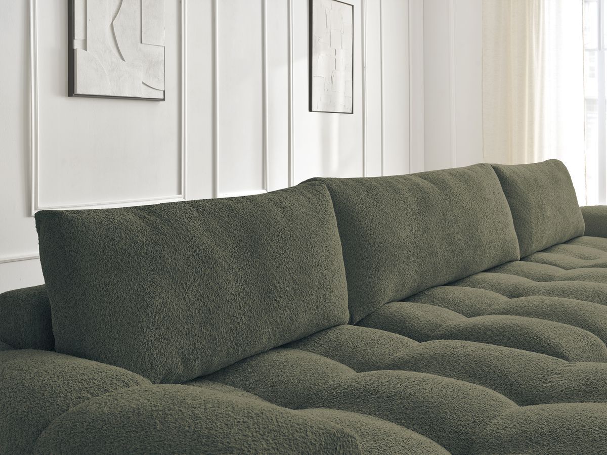 Bobochic Anakin Wohnlandschaft mit Pouf, Liegefläche 137 × 382 cm, 3 Kissen Bouclé-Stoff Grün