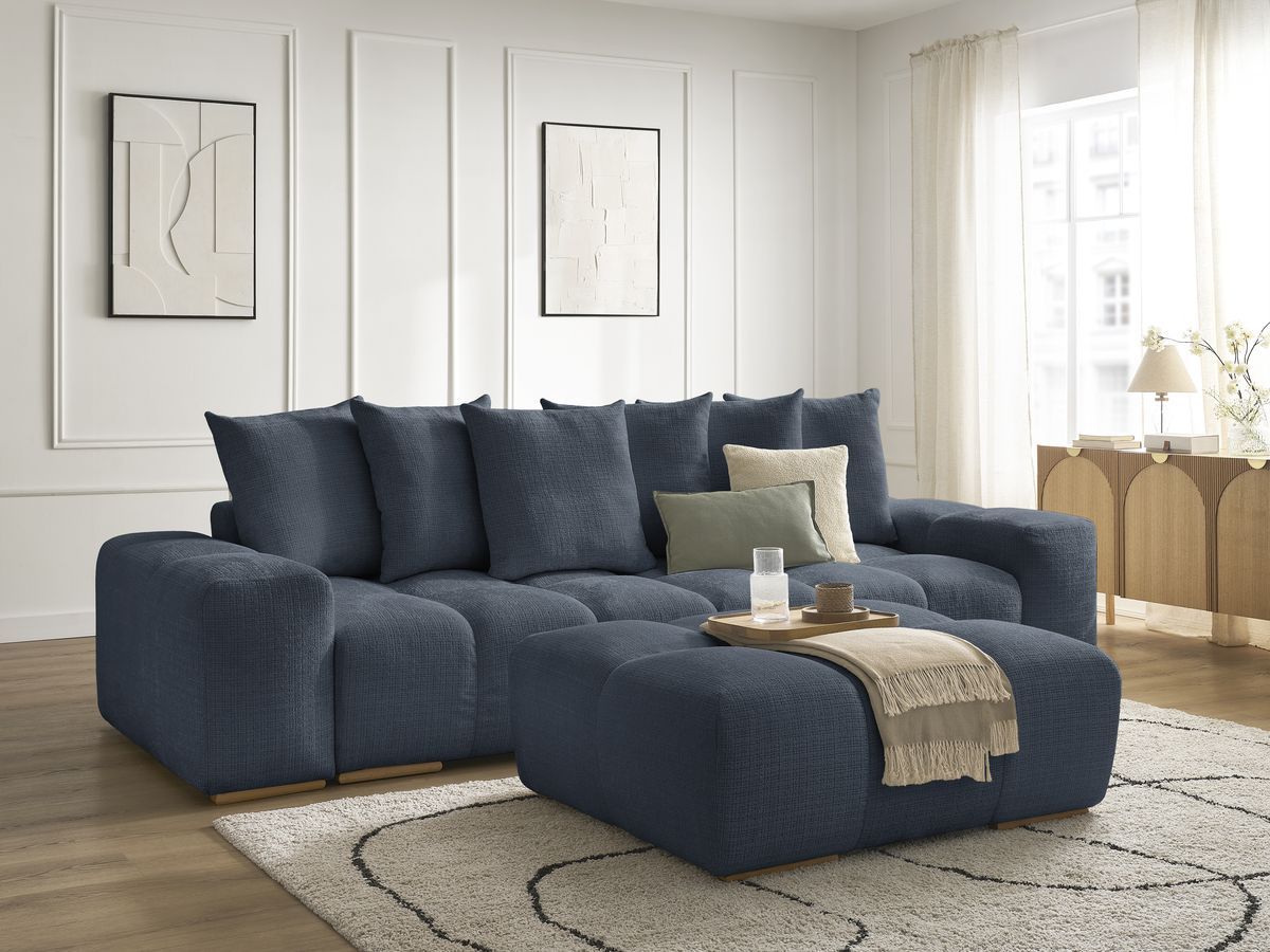 Bobochic Anakin Schlafsofa 3-Sitzer mit Bettkasten und Pouf, 6 Kissen Strukturstoff Dunkelblau