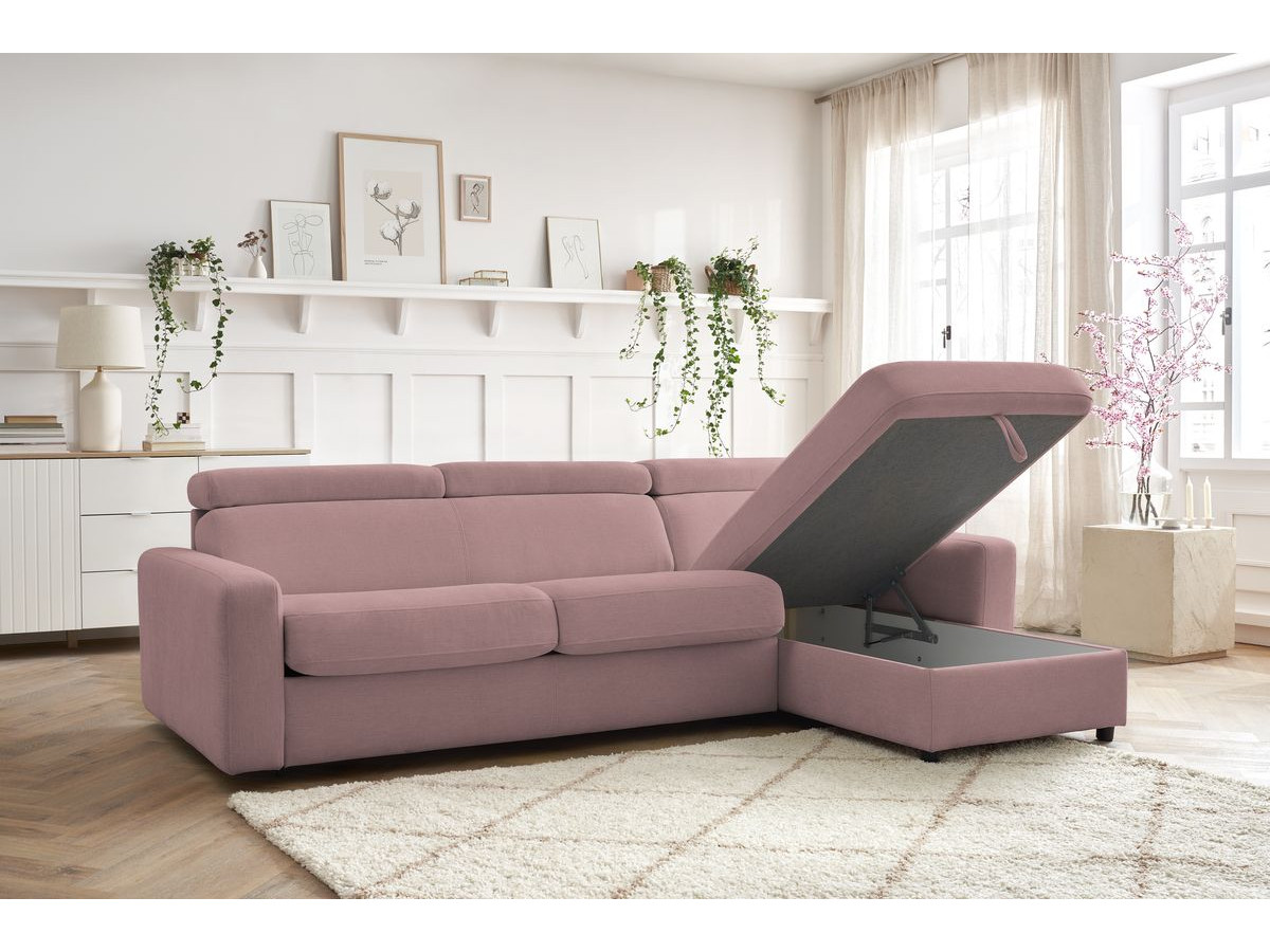 Bobochic Monaco Ecksofa mit Schlaffunktion und Bettkasten Stoff Rosa, Liegefläche 140 × 190 cm