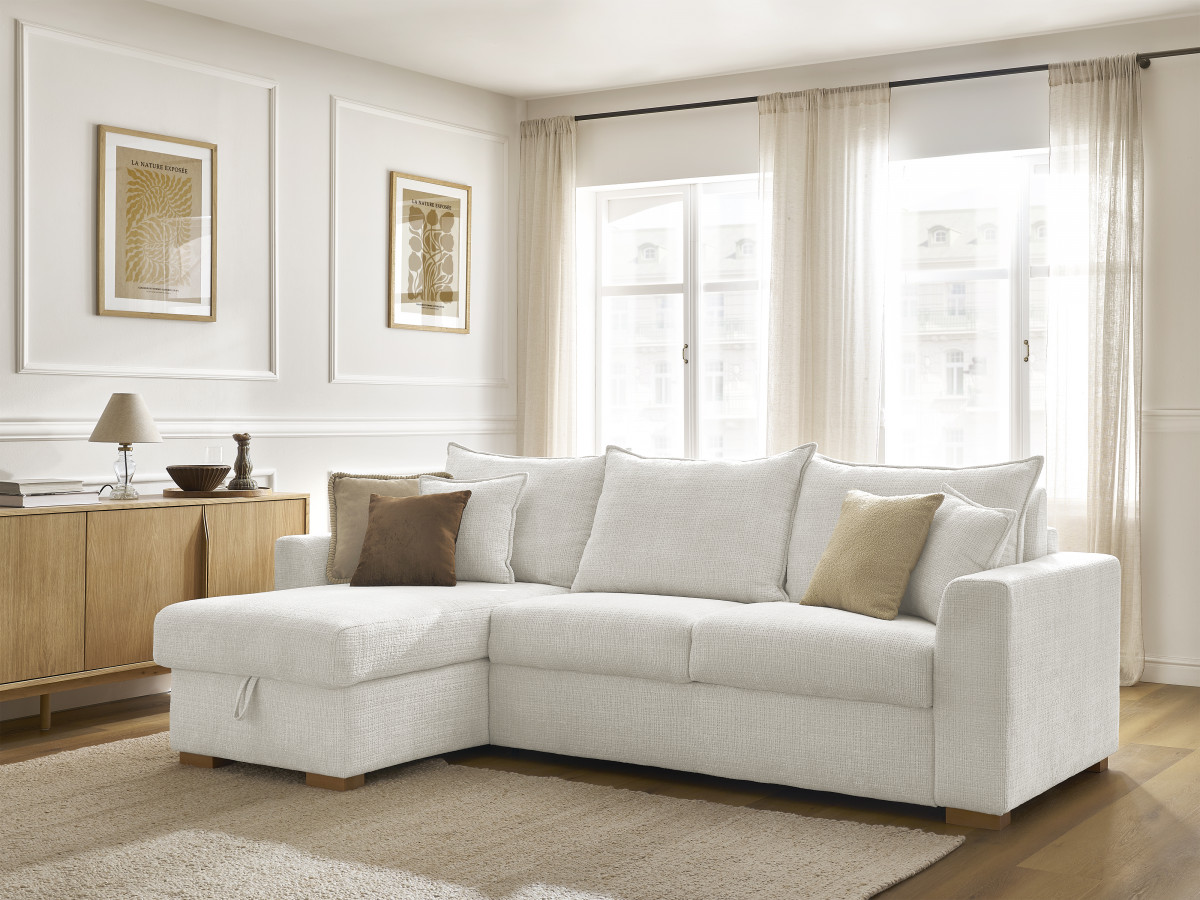 Bobochic Augustin Ecksofa mit Schlaffunktion und Bettkasten Strukturstoff Weiß, Liegefläche 140 × 200 cm