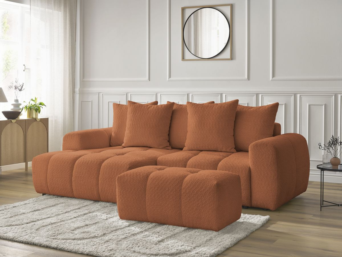 Bobochic Roxelane Ecksofa mit Schlaffunktion und Bettkasten und Pouf 258 × 150 cm Bouclé-Stoff Orange Ecke links