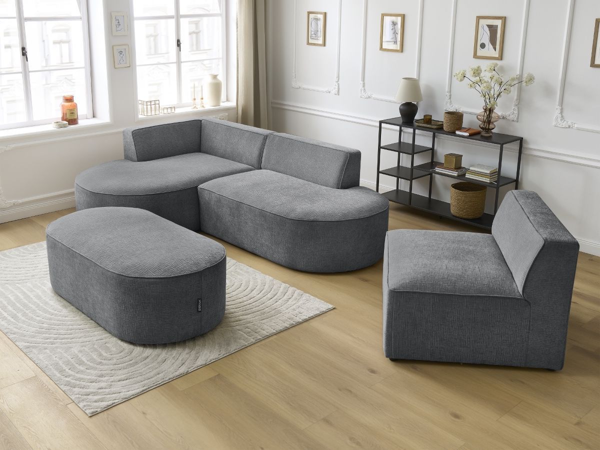 Bobochic Rousseau Ecksofa mit Sofamodul und Pouf Strukturstoff Dunkelgrau Ecke links
