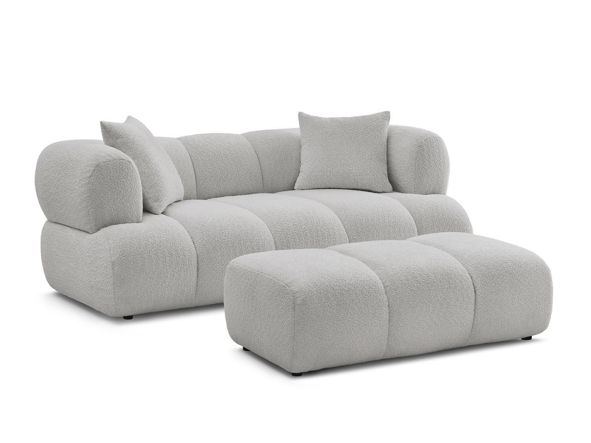 Bobochic Pamira Sofa 2-Sitzer mit Pouf Bouclé-Stoff Hellgrau