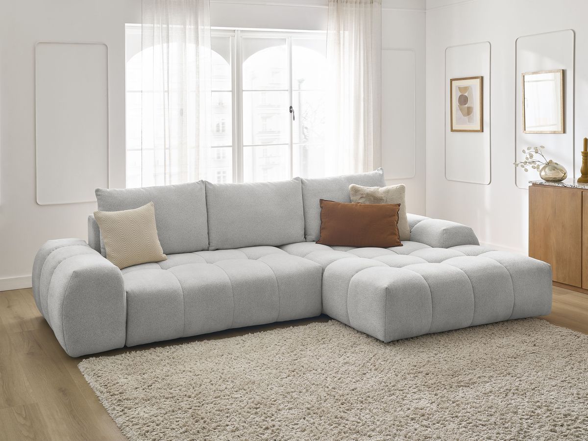 Bobochic Everest Ecksofa mit Schlaffunktion und Bettkasten 318 × 180 cm, 3 Kissen Melange-Stoff Hellgrau Ecke rechts