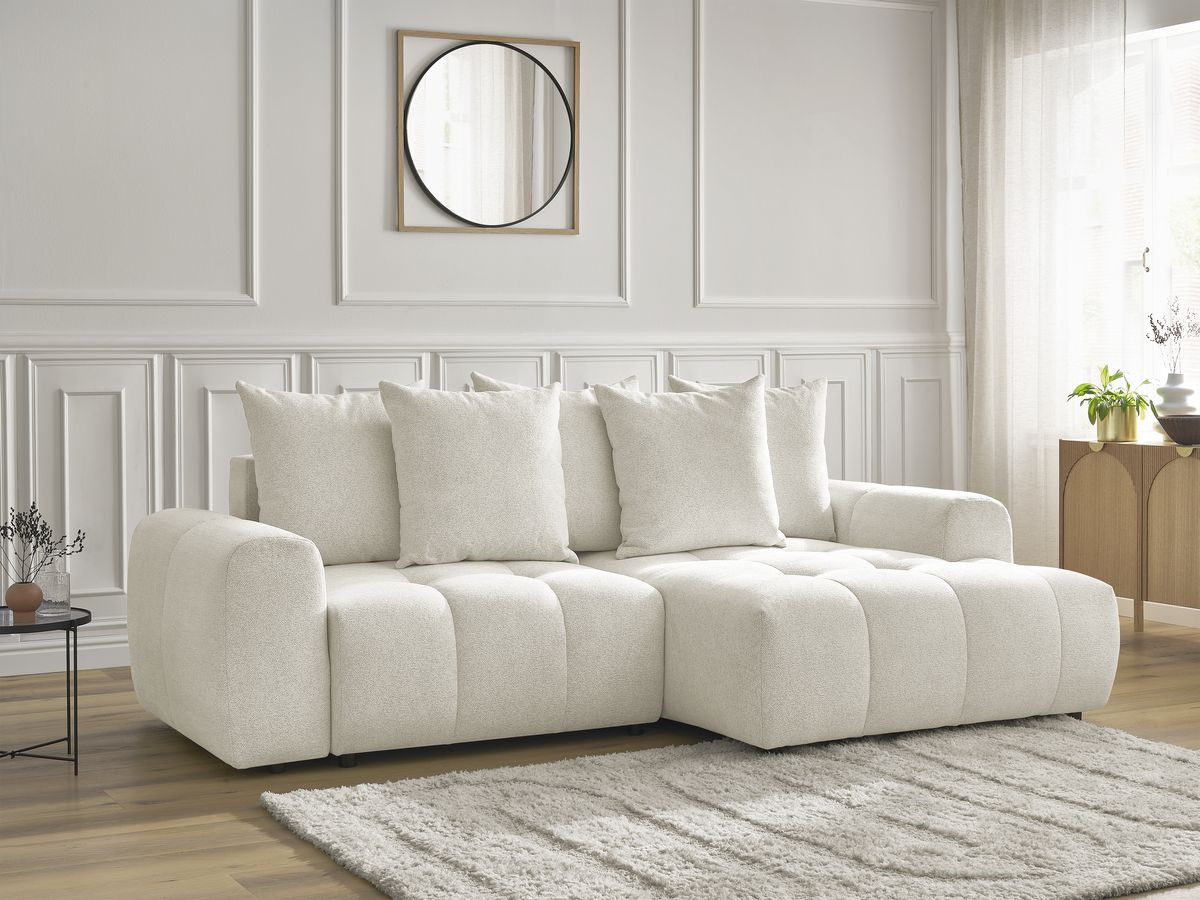 Bobochic Roxelane Ecksofa mit Schlaffunktion und Bettkasten 258 × 150 cm Melange-Stoff Weiß Ecke rechts