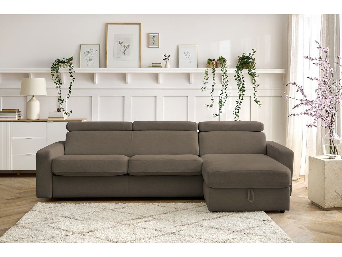 Bobochic Monaco Ecksofa mit Schlaffunktion und Bettkasten Stoff Braun, Liegefläche 160 × 190 cm